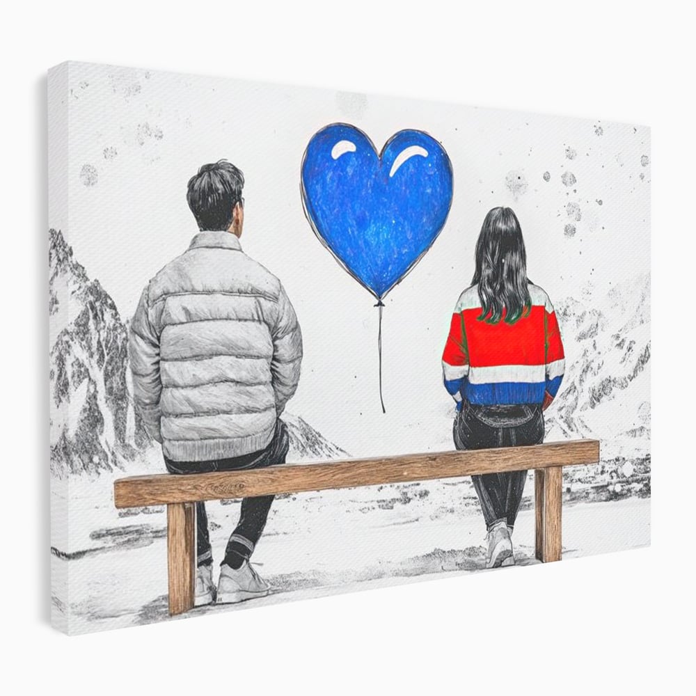 Tablou canvas cu ilustratie cu doi tineri pe banca, fara rama, pe sasiu de lemn
